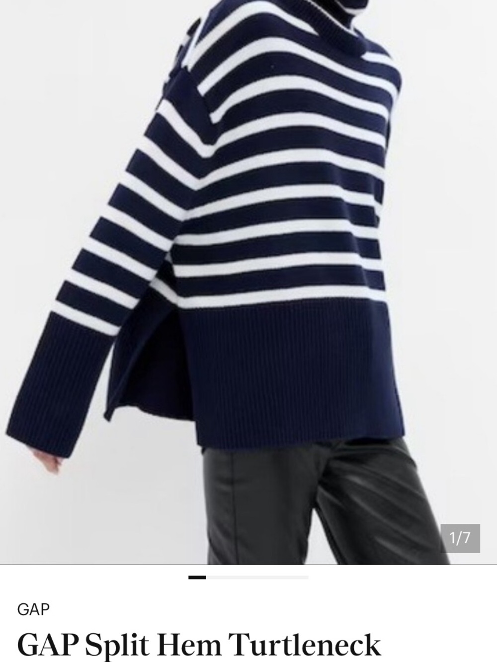 GAP Navy and White Striped Split-Hem Turtleneck Sweater